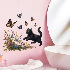 Removable PVC wall sticker featuring jumping black cat, colorful butterflies and flowers