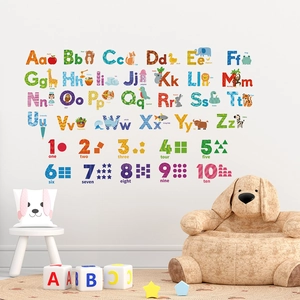 Alphabet wall stickers with animals and numbers for a colorful nursery education room