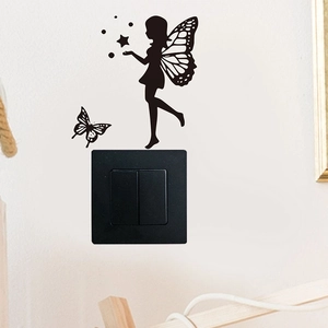 Detail showing fairy silhouette and butterfly light switch sticker on a wall
