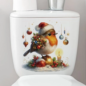 Christmas robin sticker with festive decorations on white toilet tank background