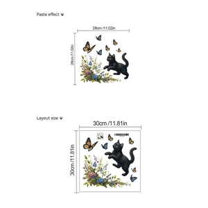 Detail showing layout size and paste effect of black cat and floral toilet wall decal
