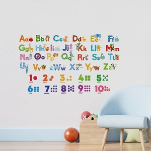 Educational alphabet wall stickers with animals and numbers in a modern kids room setting