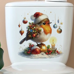 Christmas robin bird toilet sticker with red hat and winter holly on white lid
