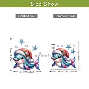 Detailed size chart for Christmas dolphin wall stickers showing finished dimensions on white base