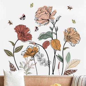 Bohemian wildflower wall decals with butterflies for minimalist living room decor