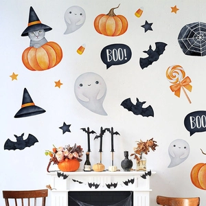 Aquarell Halloween Wandaufkleber Kürbis Geist Hexe Katze Fledermaus Aufkleber Für Wohnzimmer Schlafzimmer Party Deko