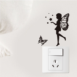 Black butterfly fairy silhouette wall sticker for home switch decoration in bedroom