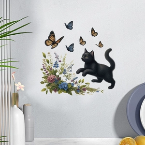 Detail view of cartoon black cat and colorful flowers PVC wall sticker on a white wall
