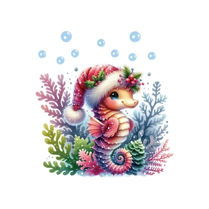 Waterproof Christmas seahorse tile sticker with festive coral on white background