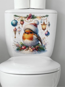 Christmas bird toilet sticker with festive ornaments on white ceramic bathroom tank