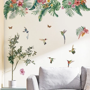 Tropical wall stickers with palm leaves and hummingbirds for living room decor
