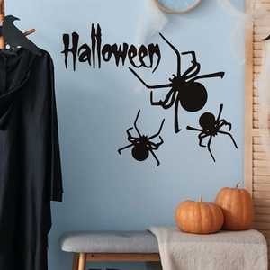 Halloween wall sticker set featuring black spooky spiders and artistic Halloween text decor