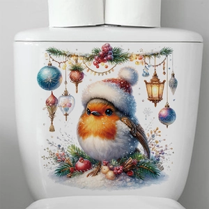 Christmas robin toilet sticker with winter pine branches and festive lantern decoration