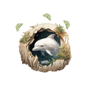 3D wall sticker featuring a dolphin in a tree hollow with butterflies and green plants