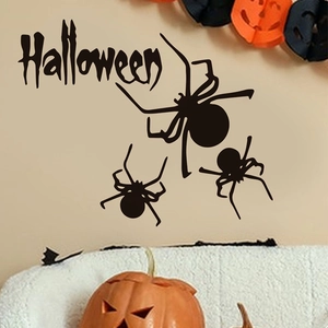 Halloween black spider wall decals set with decorative lettering for spooky home parties