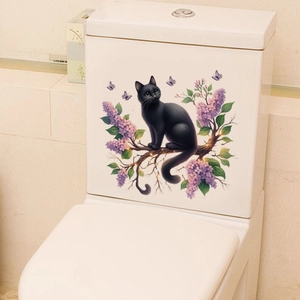 Creative black cat and purple lilac flower waterproof PVC wall decal for toilet decor
