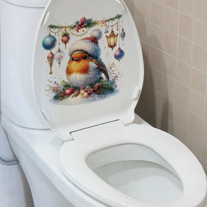 Christmas bird toilet lid sticker with robin, lantern and pine branch decoration