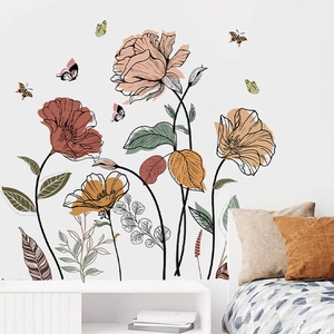 Bohemian wildflower and butterfly wall decals in vintage Morandi tones for bedroom decor