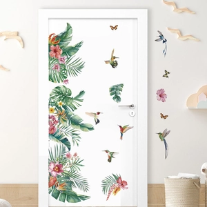 Tropical wall decals with green leaves, colorful hummingbirds and flowers for home decor