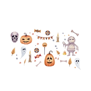 Halloween Kürbis Geist Wandaufkleber mit Aquarell Totenkopf und Süßigkeiten Deko
