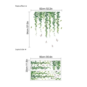 Detail showing green vine wall sticker layout size and pasted effect dimensions