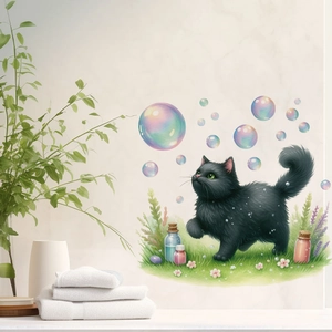Cute black cat wall sticker with bubbles and flowers for bathroom toilet decoration