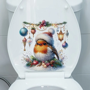 Detail of Christmas toilet lid decal featuring a cute robin bird and festive ornaments