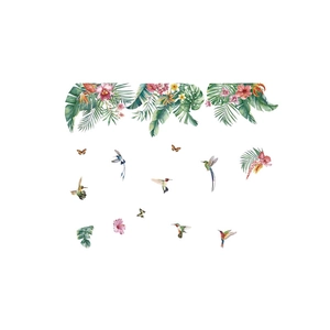 Tropical wall stickers with palm leaves, monstera plants, hummingbirds and butterflies