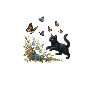 Cartoon black cat wall sticker with colorful butterflies and flowers for bathroom decor