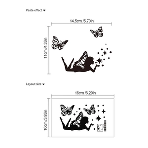 Detailed view of fairy and butterflies wall sticker layout and dimensions in black PVC