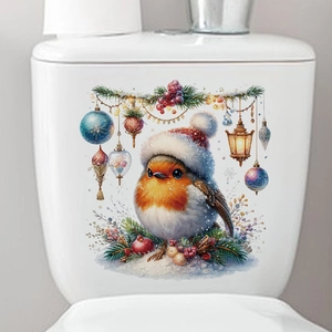 Christmas robin bird toilet lid sticker with festive oil lamp and pine branch decor