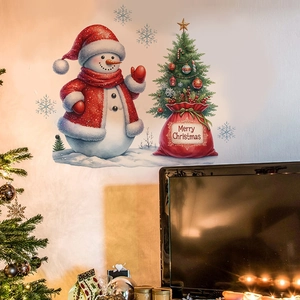 Pegatinas navideñas de pared con muñeco de nieve, árbol de regalo y texto Merry Christmas