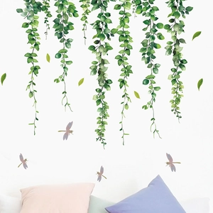 Green vine wall stickers with purple dragonflies for bedroom home decor on white wall
