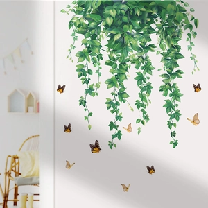 Self-adhesive wall sticker featuring hanging green vines and colorful butterflies on white wall