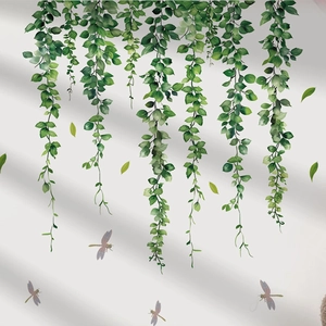 Green vine wall stickers with lifelike dragonflies for bedroom and living room decor