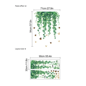 Detail view of green plant vine wall stickers with butterflies and layout dimensions
