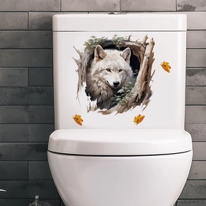 3D Realistic White Wolf Wall Sticker Waterproof PVC Decal For Bathroom Toilet Living Room Decoration Removable Animal Theme Home Accessory