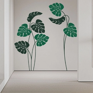 Deep green monstera leaf wall stickers for a modern living room background decor