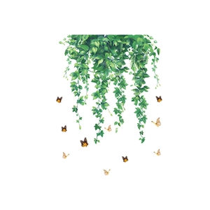 Self-adhesive wall stickers with hanging green plant vines and yellow butterflies on white