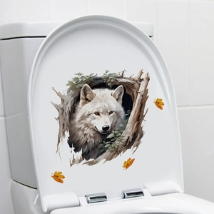 3D realistic white wolf wall sticker for home decor with maple leaves and tree texture
