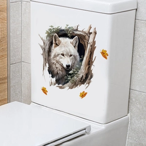 3D realistic white wolf wall sticker on a bathroom toilet tank with autumn maple leaves