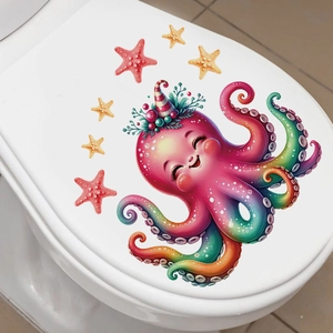Détail d'un autocollant de toilette pieuvre festive avec des étoiles de mer sur blanc