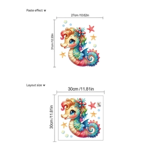 Dimensions du sticker mural hippocampe avec vue de l'effet final et du format 30x30cm