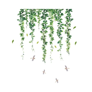 Self-adhesive green hanging vine wall stickers with purple dragonflies for home decoration