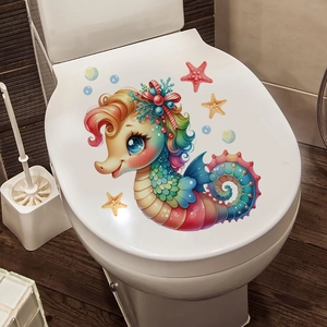 Sticker abattant WC hippocampe mignon avec décorations d'étoiles de mer et bulles