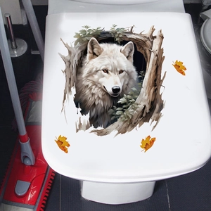 Realistic white wolf animal decal sticker applied on a modern white toilet seat cover