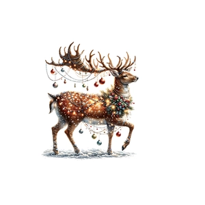 Sticker renne de Noël avec décorations festives colorées et couronne de pin sur fond blanc
