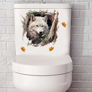 Macro detail of 3D wolf wall sticker with maple leaves applied to a white toilet tank