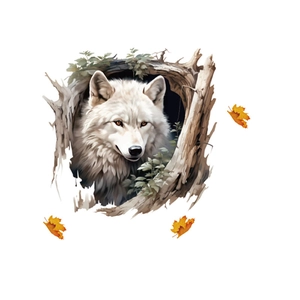 3D realistic white wolf wall sticker peering from a tree hollow with maple leaves
