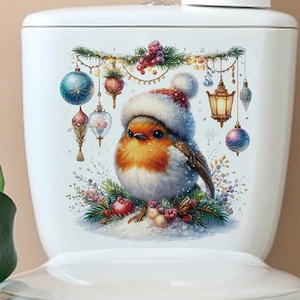 Christmas robin toilet sticker with festive hat, red berries and green pine decorations